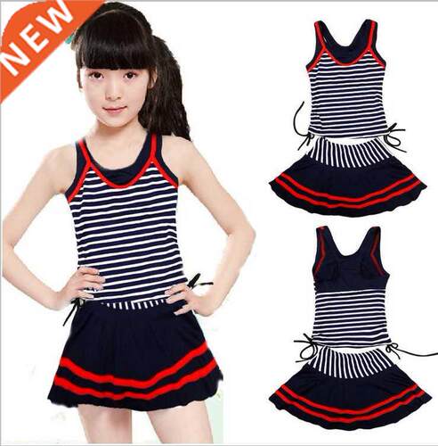 New Navy Style Swimsuits For Girls Striped Female 2 pieces