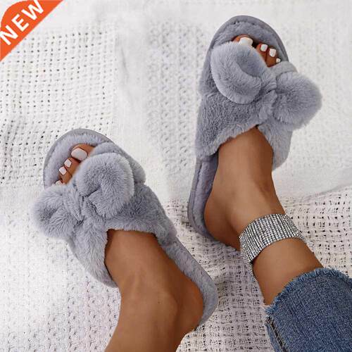 2021 Winter New Indoor Bow-Knot Women Fur Slippers Gray Pink