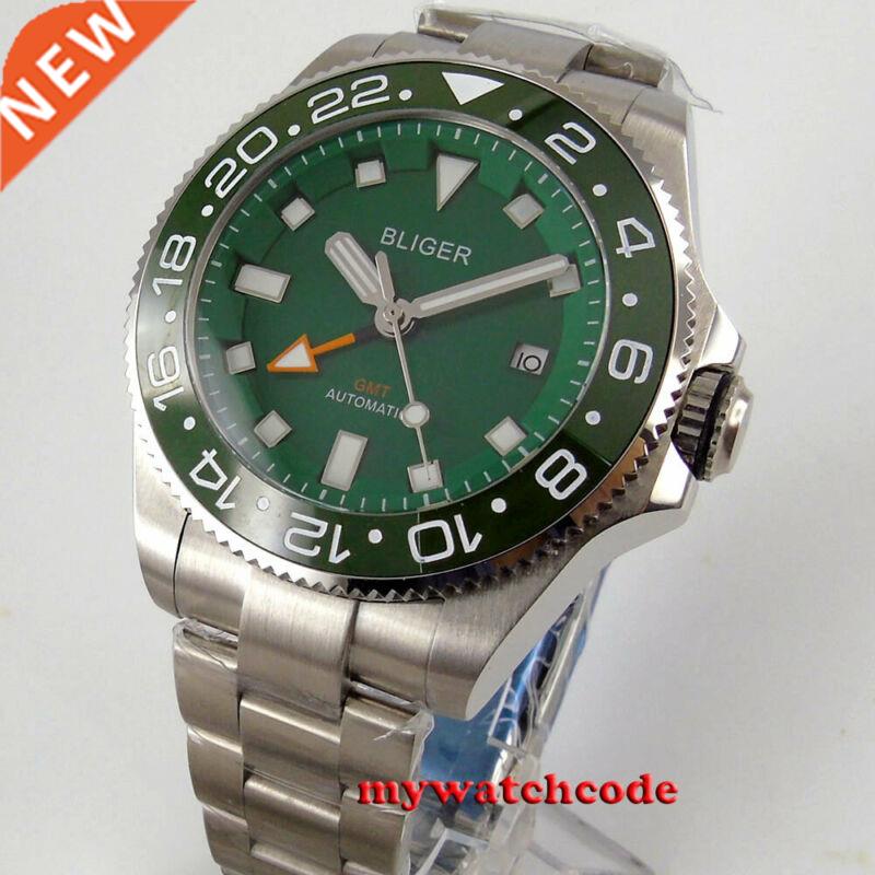 43mm bliger green dial sapphire glass GMT automatic mens wat