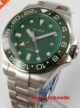 43mm bliger green dial sapphire glass GMT automatic mens wat