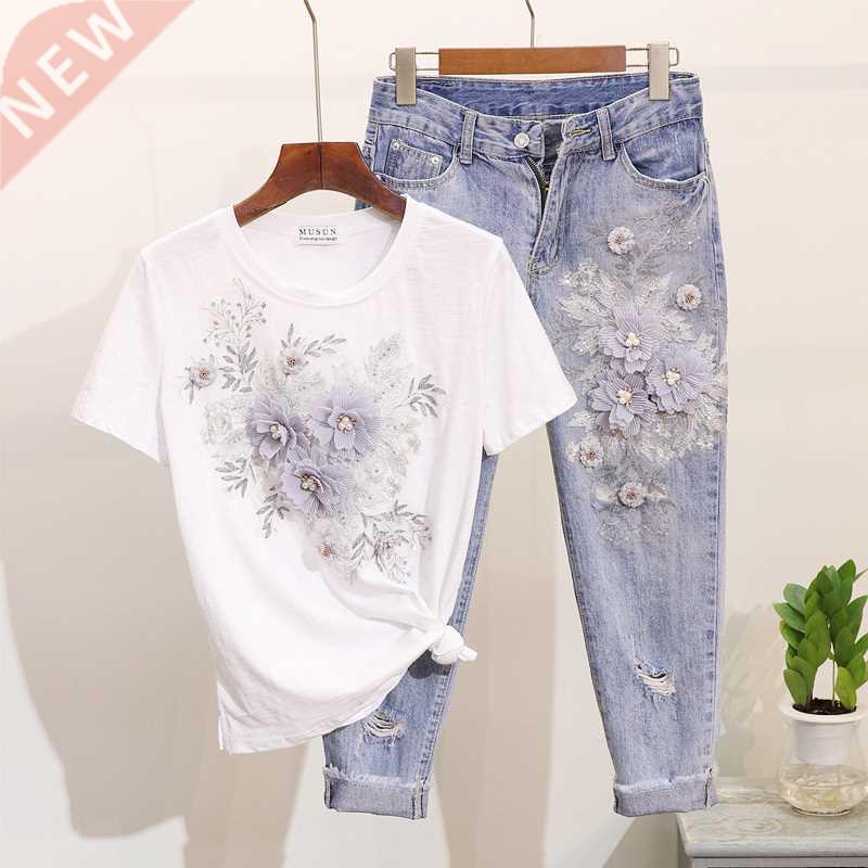 Amolapha Women Sequined Beaded 3D Flower Cotton T-shirt +Cal