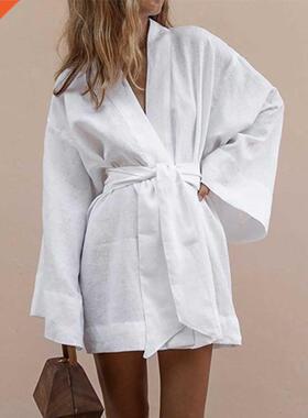 Women's V-Neck Kimono Cardigan Mini Dress White Cotton Linen