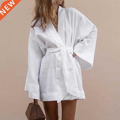 Women's V-Neck Kimono Cardigan Mini Dress White Cotton Linen