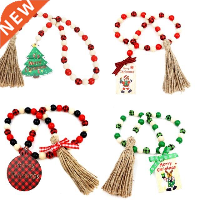 Christmas Plaid Wooden Bead Garland with Rustic Tassels Xmas