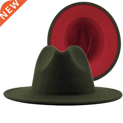 Unisex Outer Army Green Inner Red Wool Felt Jazz Fedora Hats