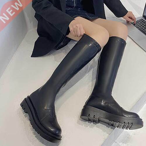 2021 Fashion Chunky Heel Women Slim Knee High Boots Sewing H