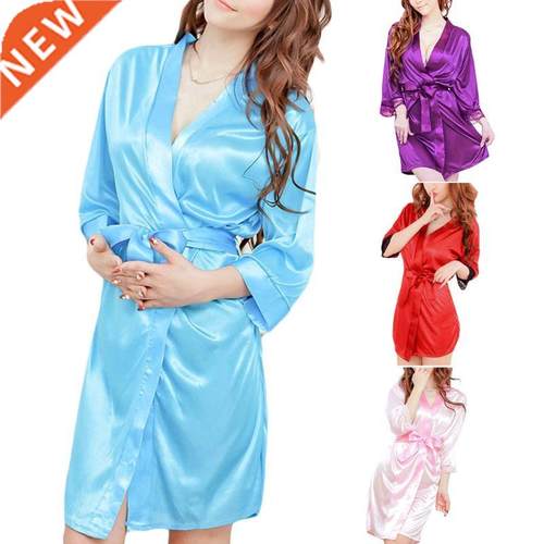 Women's Short Kimono Style V-Neck Bathrobe Plain Dressing Go