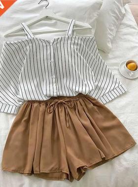 2021 new fashon women's two pece set Fresh strped of