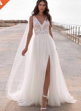 Bohemian Wedding Dress Lace 2021 Split Tank Organza Sleevele