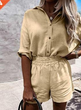 Summer Women Linen Shorts Set 2021 Turn-down Collar Long Sle