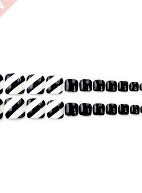 24Pcs Foot False Nail Tips Black Fake Toes Nails Stripe Toe