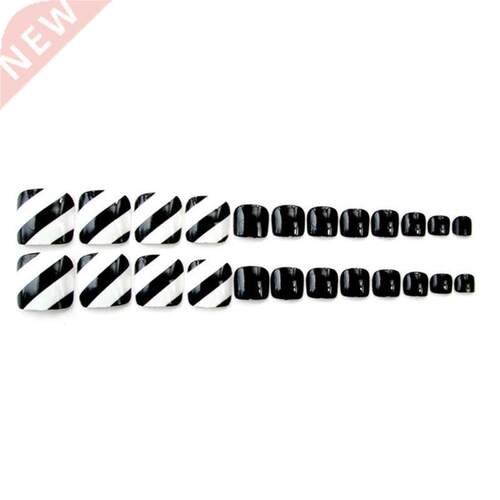 24Pcs Foot False Nail Tips Black Fake Toes Nails Stripe Toe