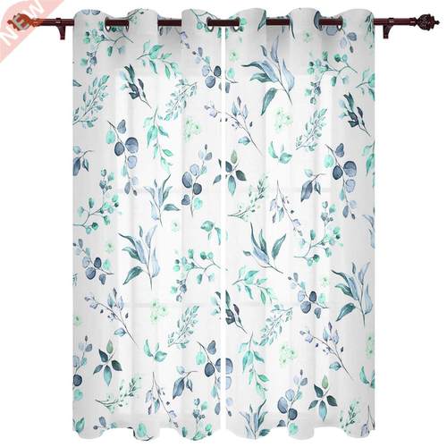 Watercolor Flowers And Leaves Blue Green Window Curtains
