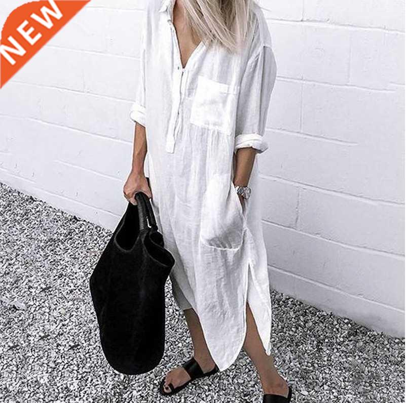 Women Shirt Dress Spring Summer Lapel Button Long Sleeve Sid