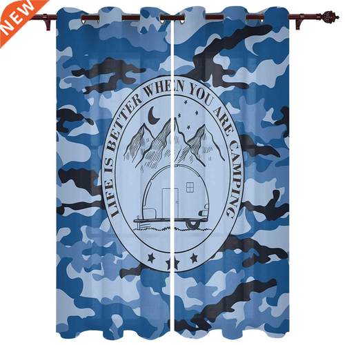 Camper Blue Camouflage Window Curtains Kitchen Bedroom