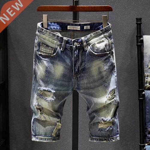 Summer New Men's Stch Ripped Short Jeans Fashion Casual Loos