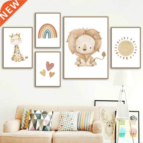 Nordic Poster Giraffe Zebra Lion Elephant Sun Rainbow Heart