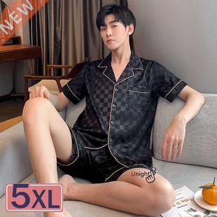 M-5XL 2022 New Summer Short Black Plaid Silk Pajama For Men