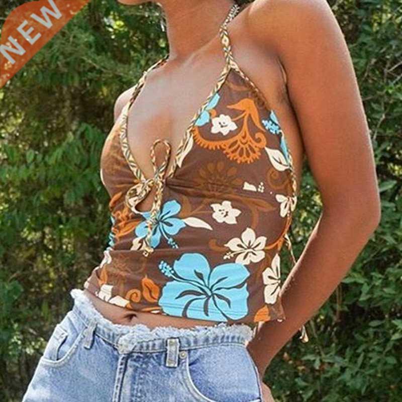 Vintage Y2K Bohemian Floral Print Crop  Summer Beach Styl