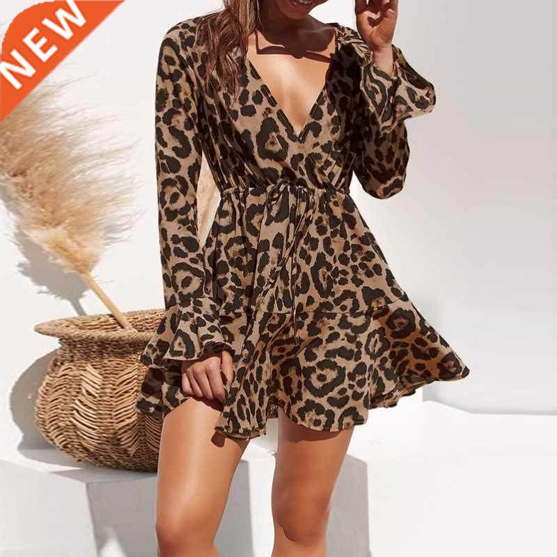 2021 Summer Chffon Dress Women Leopard Prnt Boho Beach Dre图片
