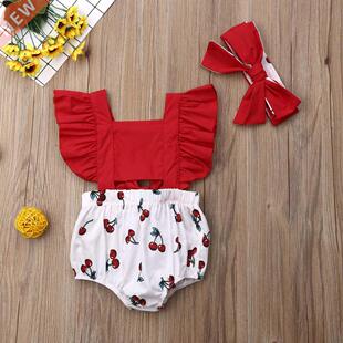 2pcs Newborn Baby Girl Ruffle Cherry Print Bodysuits Headban