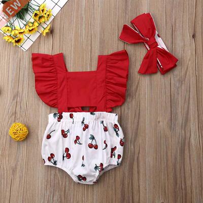2pcs Newborn Baby Girl Ruffle Cherry Print Bodysuits Headban
