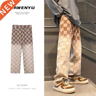 Blue/Khaki Plaid Jeans Men Fashion Retro Gradient Baggy Stra