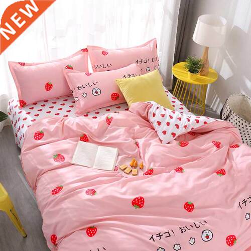 /4pcs Bedding Set Pink Strawberry Fashion Bed Sheets Queen