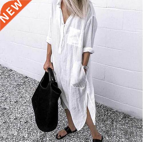 Women Shirt Dress Spring Summer Lapel Button Long Sleeve Sid