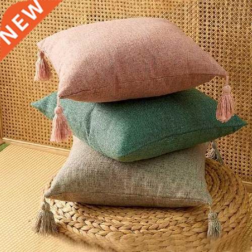 Solid Plain Linen Cotton Pillow Cover With Tassels Yellow