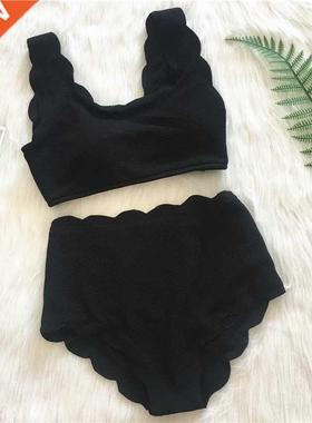 Women Solid Swimwear Female Bathing Suit Scalloped High Wais