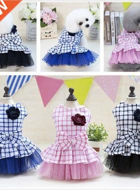 Pet Dog Princess Dress Plaid Cotton Fluffy Yarn Camellia