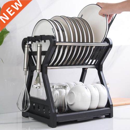 Double-layer Kitchen Dish Bowl Draining Storage Rack with Ch
