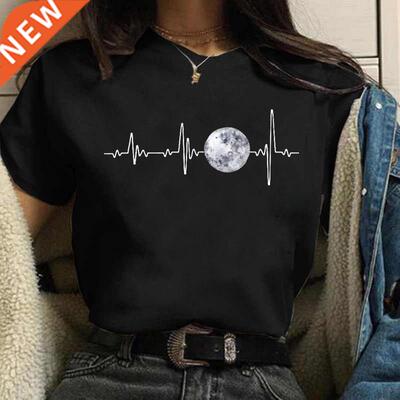 New Moon Women's Black T-shirt Women's Casual Round Neck T-s