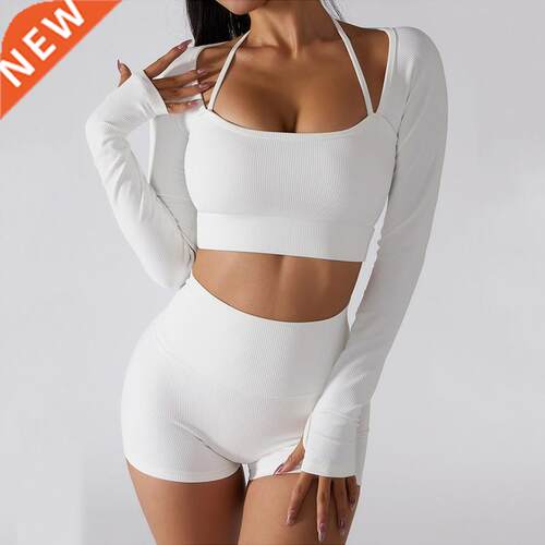 长袖紧身瑜伽服健身裤 Long Sleeve Gym Set Tops Fitness Shorts