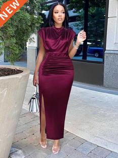 Women Dress Pleated Long Wine Red Elegant Slit High Collar S