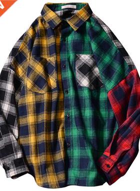 New Men&mp;#39;s Loose Plid Shirt Csul Jcket Teen Long Slee