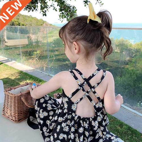 New Children Girls Splicing Daisy Dress Summer Kids Backless