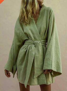 Lace Up Women's V-Neck Kimono Cardigan Mini Dress Co