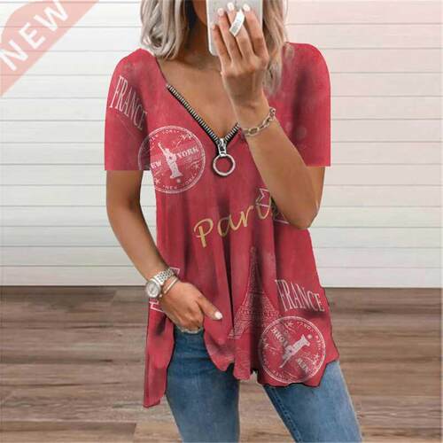 Zipper Ladies T-Shirt Oversized Print Short Sleeve V-Neck To