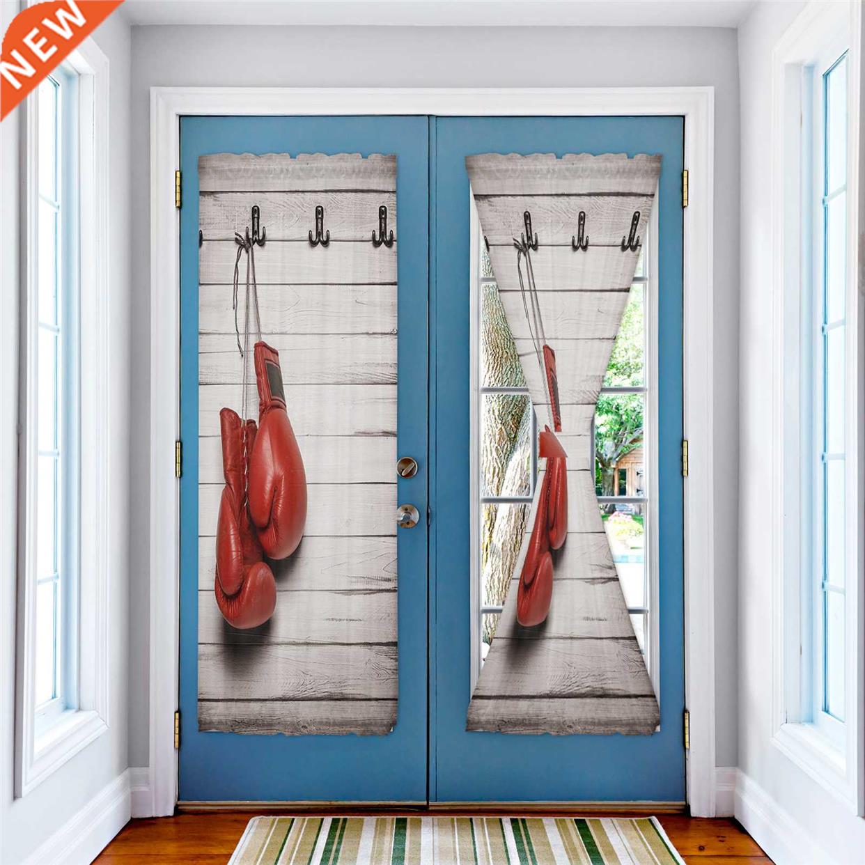 Red Boxing Gloves Against Wooden Wall Door Curtains for