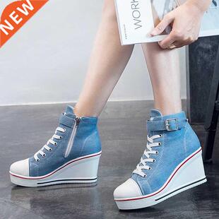High Top Women Wedge Shoes Women's Denim Ankle Lace Up Ladi