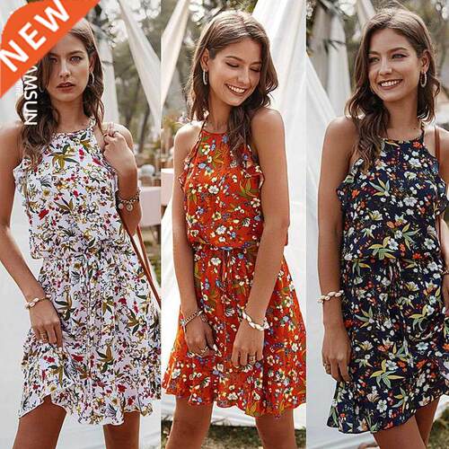 summer off shoulder skirt women print dress 沙滩吊带裙碎花裙