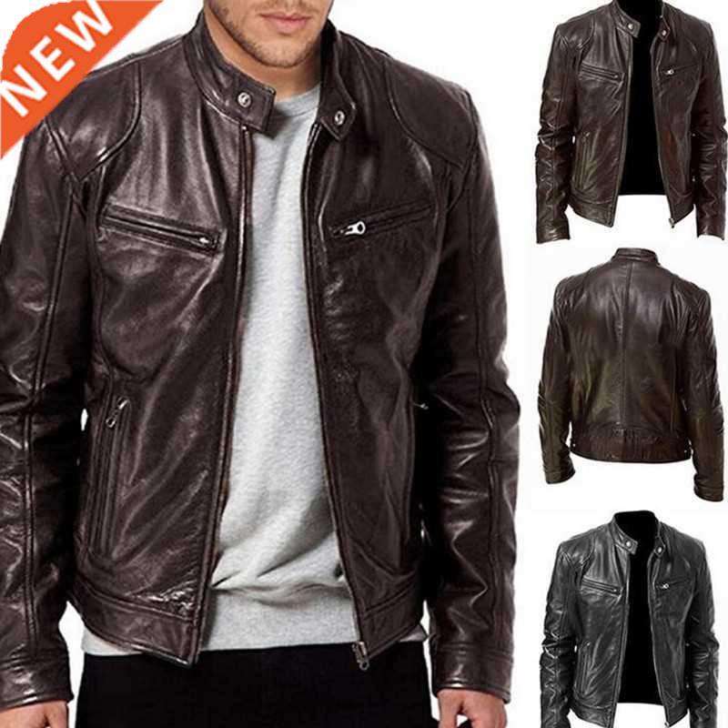 2022 Men Autumn Winter Leather Jacket Slim Fit Stand Clar