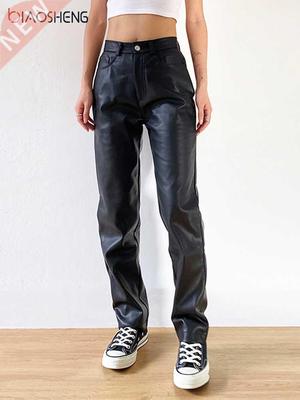 Women's Faux Leather Pants High Waist Straight Wide Leg PU C