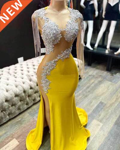 Yellow Prom Dresses Mermaid One-shoulder Long Sleeves Appliq