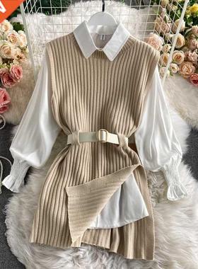 2021 spring autumn women	s lantern sleeve shirt knitt