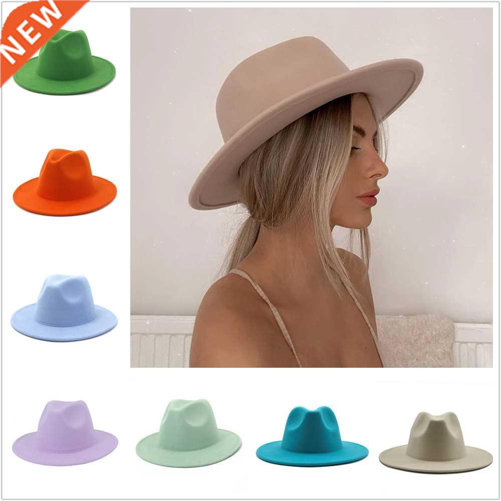 Classical Wool Felt Wide Brim Fedora Hat Pearl Belt Pink Sol