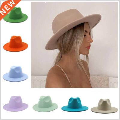 Classical Wool Felt Wide Brim Fedora Hat Pearl Belt Pink Sol