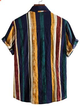 Men's Hawaiian Striped Shirt Print Loose Short Sleev